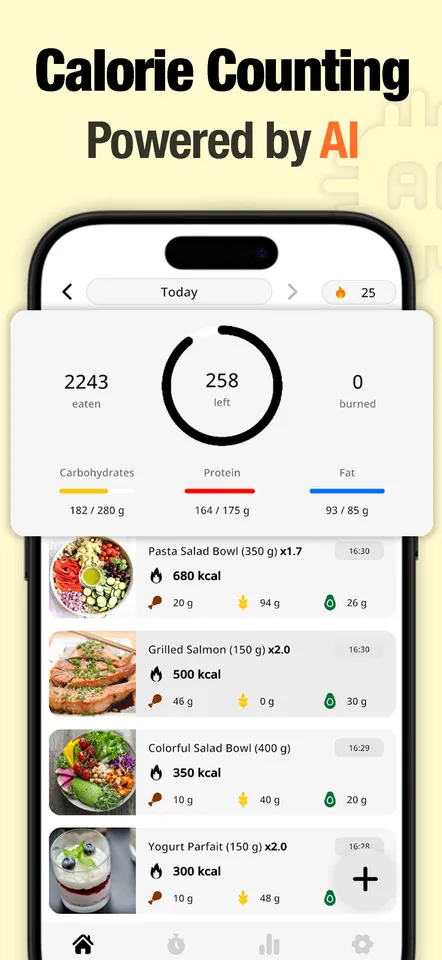 Food Cal AI — the daily calorie ring and meal list, the AI food scanner, a full macro and micronutrient breakdown, statistics over time, and the intermittent fasting timer