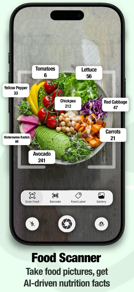 Food Cal AI — the daily calorie ring and meal list, the AI food scanner, a full macro and micronutrient breakdown, statistics over time, and the intermittent fasting timer