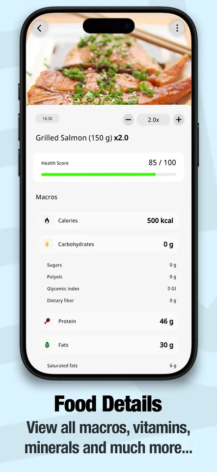 Food Cal AI — the daily calorie ring and meal list, the AI food scanner, a full macro and micronutrient breakdown, statistics over time, and the intermittent fasting timer